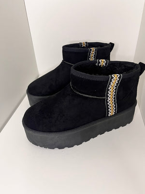 Embroidered Platform Ankle Boots - Black